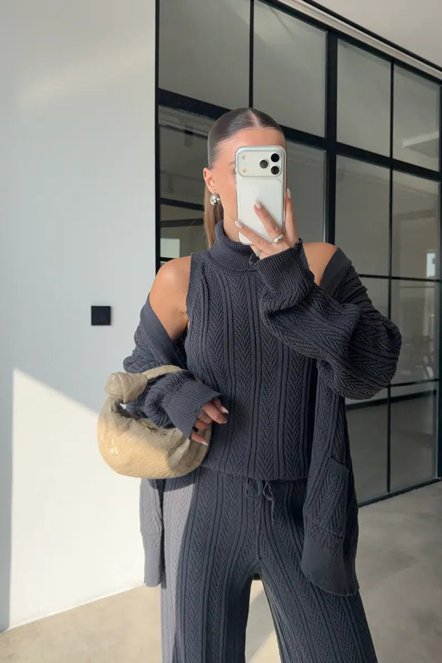Chic Anthracite Patterned Turtleneck Three-Piece Cozy Knitwear Set for Women