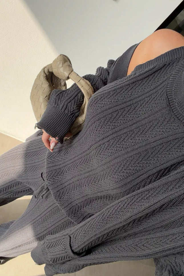 Chic Anthracite Patterned Turtleneck Three-Piece Cozy Knitwear Set for Women