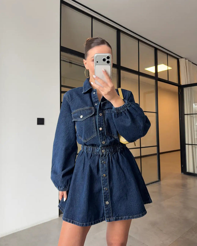 BELİ LASTİKLİ DENİM ELBİSE