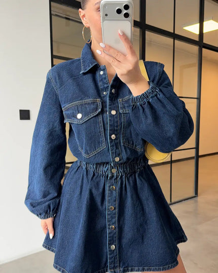 BELİ LASTİKLİ DENİM ELBİSE