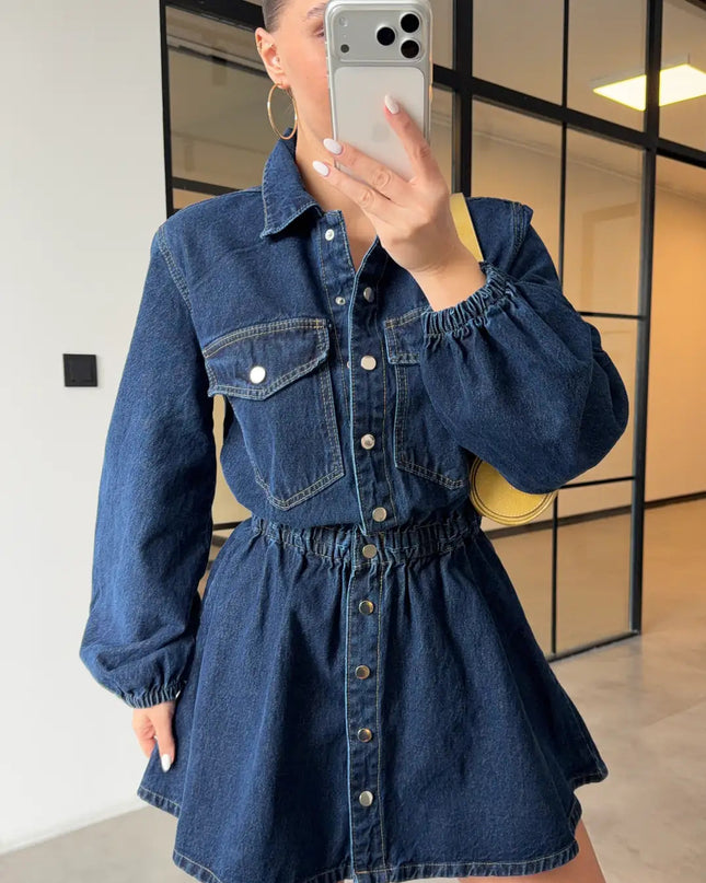 BELİ LASTİKLİ DENİM ELBİSE