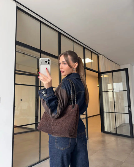 KAHVE PARÇA DETAYLI DENİM TAKIM