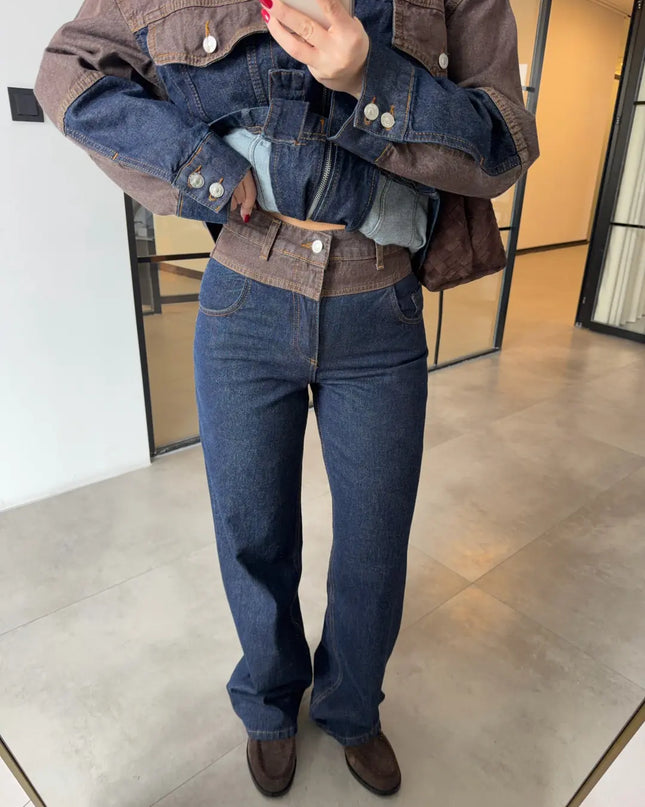 KAHVE PARÇA DETAYLI DENİM TAKIM