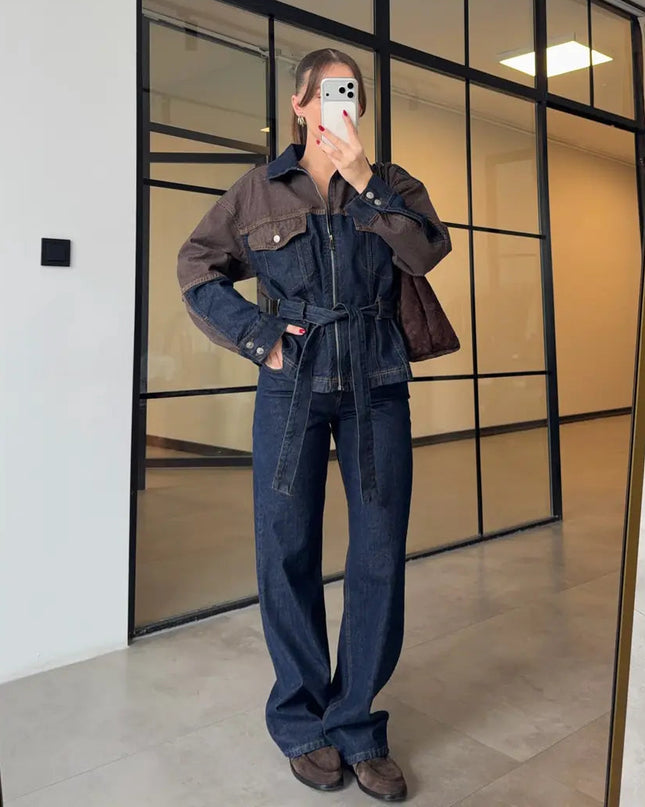 KAHVE PARÇA DETAYLI DENİM TAKIM