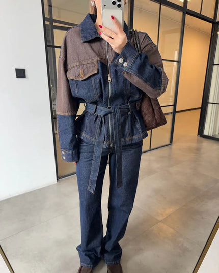 KAHVE PARÇA DETAYLI DENİM TAKIM