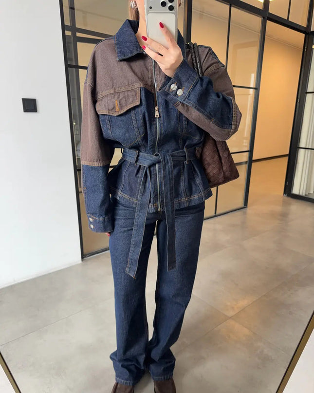 KAHVE PARÇA DETAYLI DENİM TAKIM