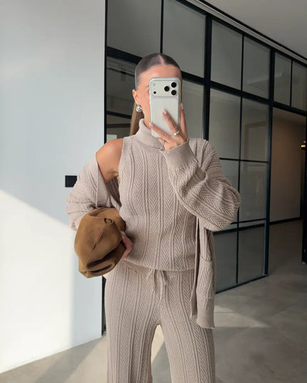 Elegant Patterned Turtleneck Knit 3-Piece Set - Stone Color Comfort
