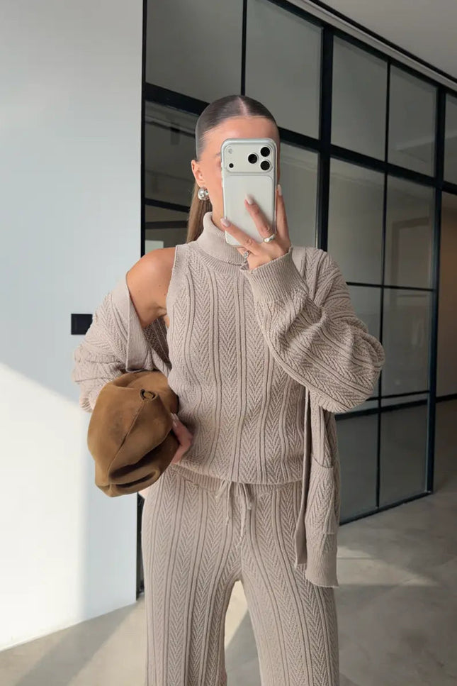 Elegant Patterned Turtleneck Knit 3-Piece Set - Stone Color Comfort