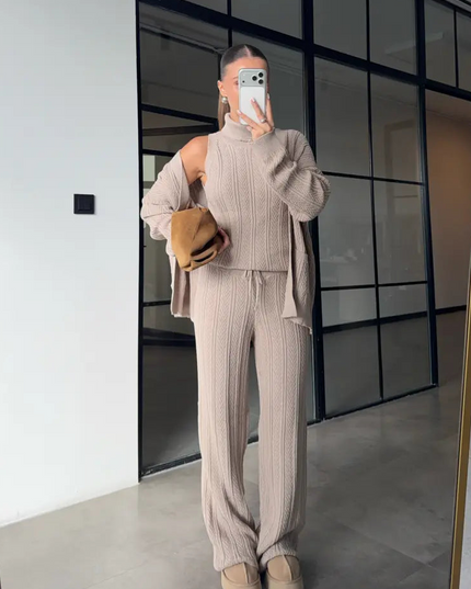 Chic Beige Three-Piece Knitwear Set