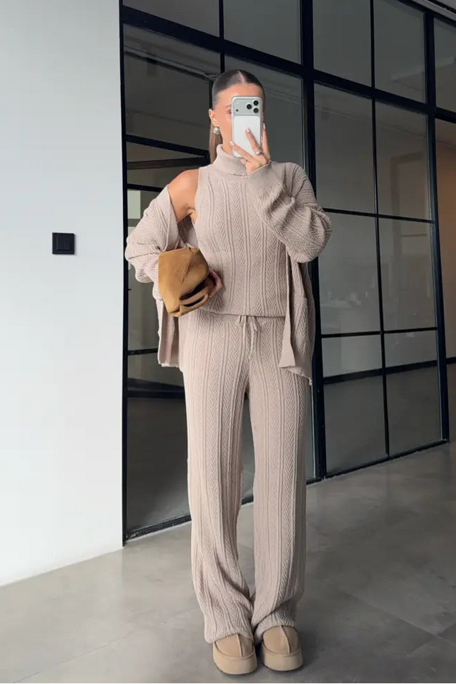 Chic Beige Three-Piece Knitwear Set