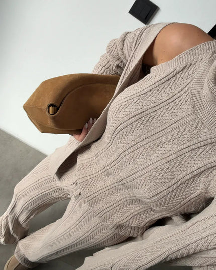 Elegant Patterned Turtleneck Knit 3-Piece Set - Stone Color Comfort