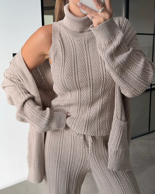 Elegant Patterned Turtleneck Knit 3-Piece Set - Stone Color Comfort