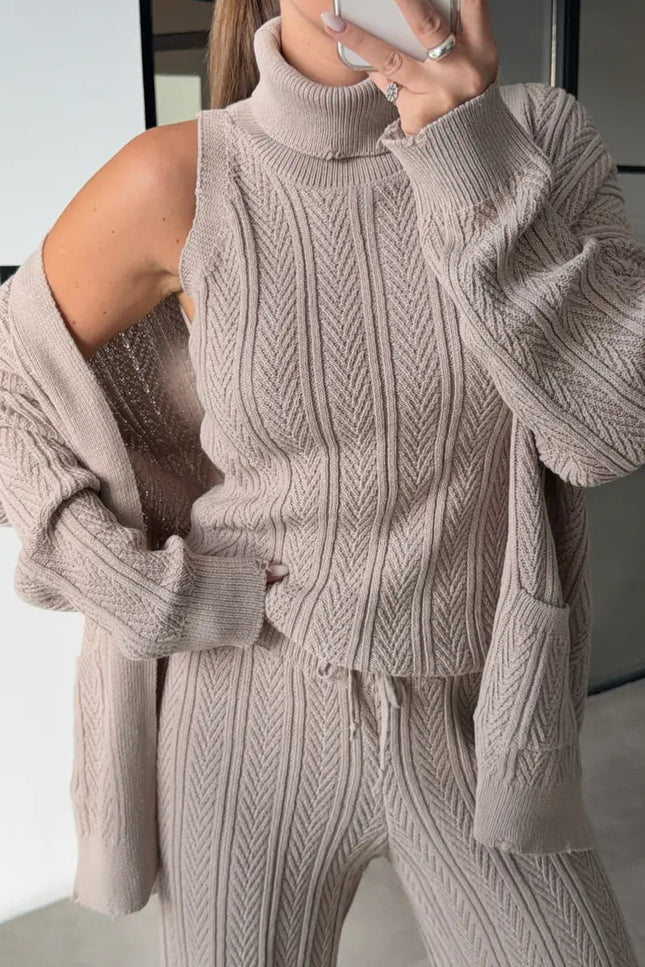 Elegant Patterned Turtleneck Knit 3-Piece Set - Stone Color Comfort