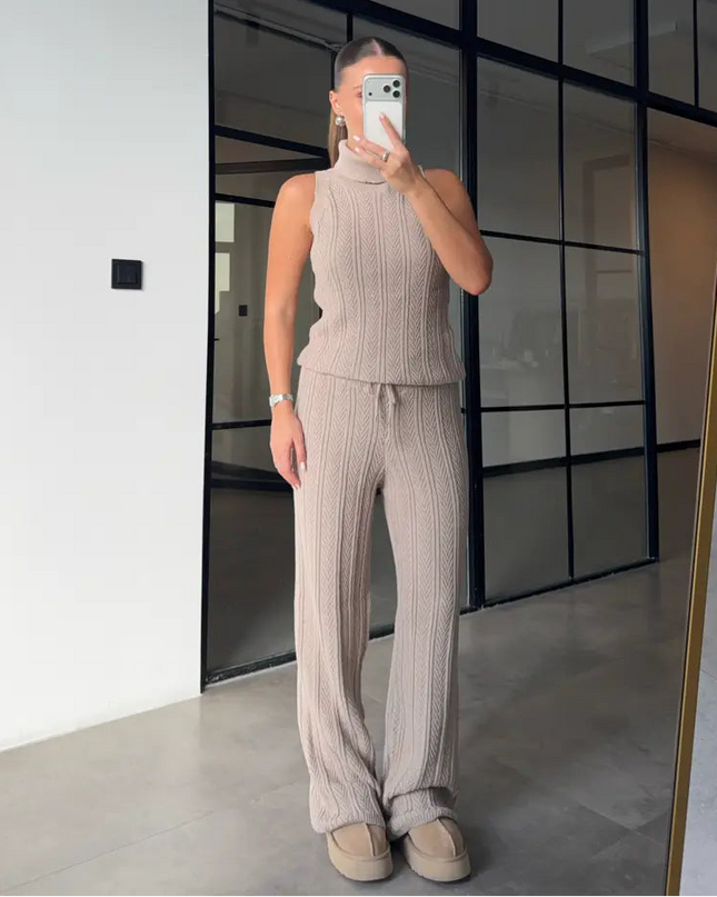 Elegant Patterned Turtleneck Knit 3-Piece Set - Stone Color Comfort