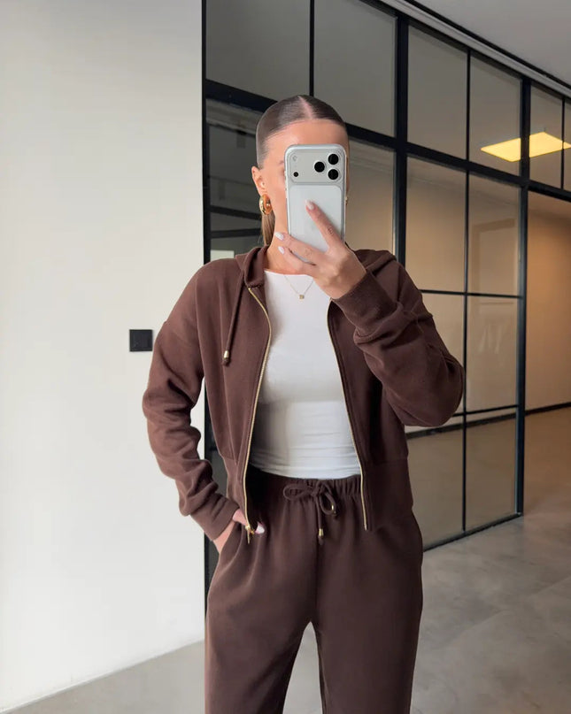 Premium Selanik Fabric Hooded Brown Tracksuit for Women with 100% Cotton