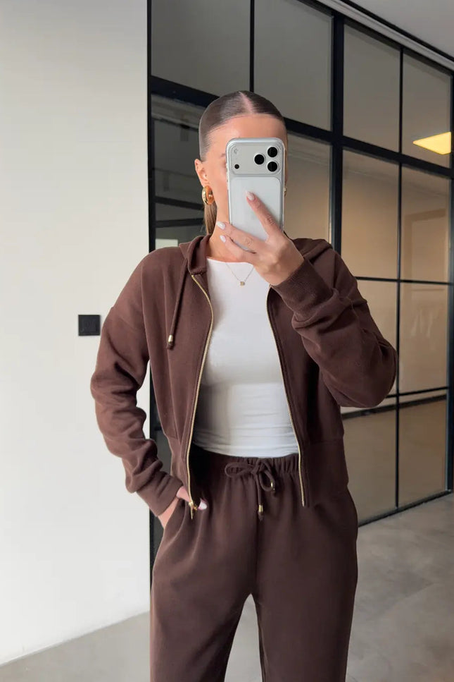 Premium Selanik Fabric Hooded Brown Tracksuit for Women with 100% Cotton