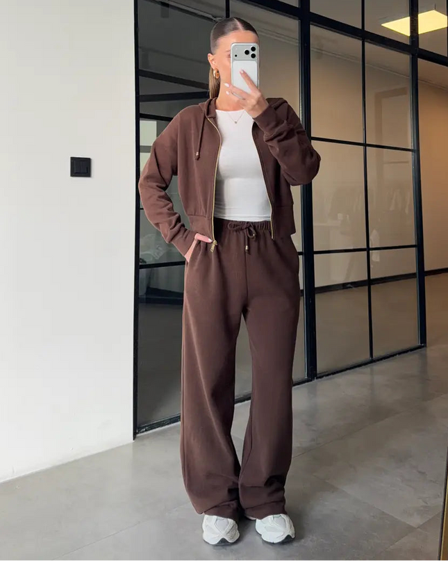 Premium Selanik Fabric Hooded Brown Tracksuit for Women with 100% Cotton