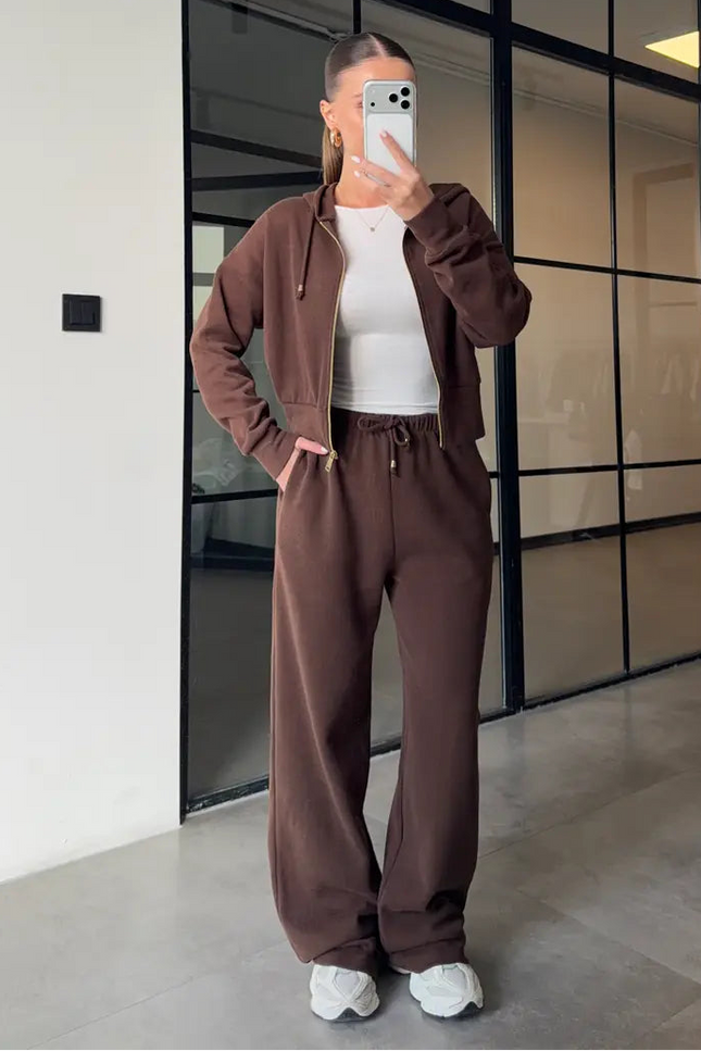 Premium Selanik Fabric Hooded Brown Tracksuit for Women with 100% Cotton