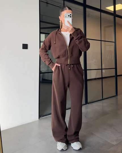 Premium Selanik Fabric Hooded Brown Tracksuit for Women with 100% Cotton