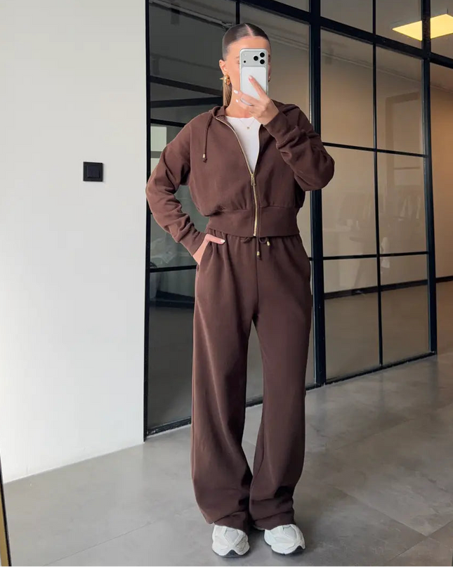 Premium Selanik Fabric Hooded Brown Tracksuit for Women with 100% Cotton