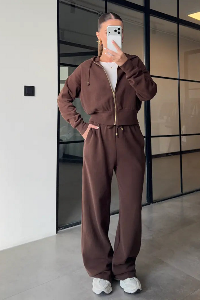 Premium Selanik Fabric Hooded Brown Tracksuit for Women with 100% Cotton