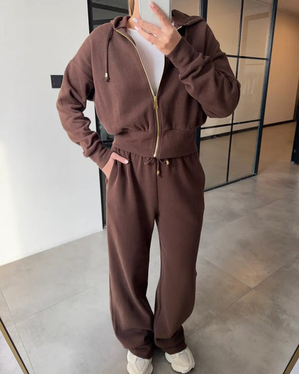Premium Selanik Fabric Hooded Brown Tracksuit for Women with 100% Cotton