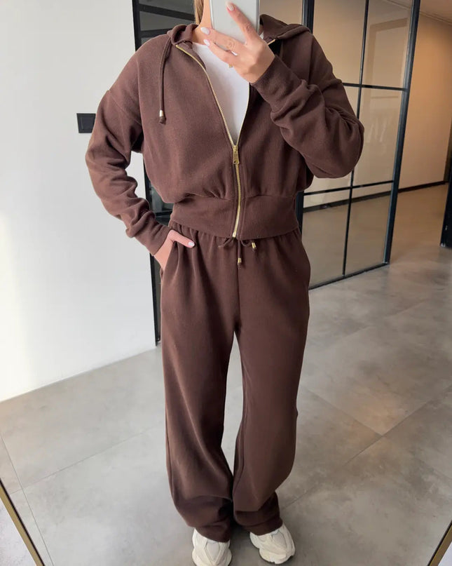 Premium Selanik Fabric Hooded Brown Tracksuit for Women with 100% Cotton
