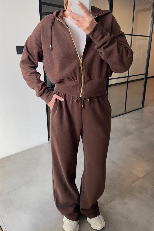 Premium Selanik Fabric Hooded Brown Tracksuit for Women with 100% Cotton