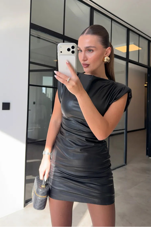 Chic Faux Leather Shoulder Pad Sleeveless Ruched Mini Dress - Party Ready
