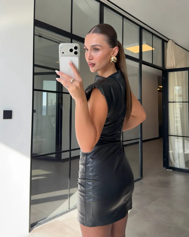 Chic Faux Leather Shoulder Pad Sleeveless Ruched Mini Dress - Party Ready