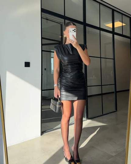Chic Faux Leather Shoulder Pad Sleeveless Ruched Mini Dress - Party Ready