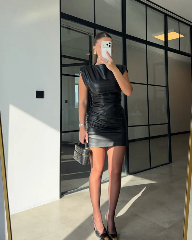 Chic Faux Leather Shoulder Pad Sleeveless Ruched Mini Dress - Party Ready