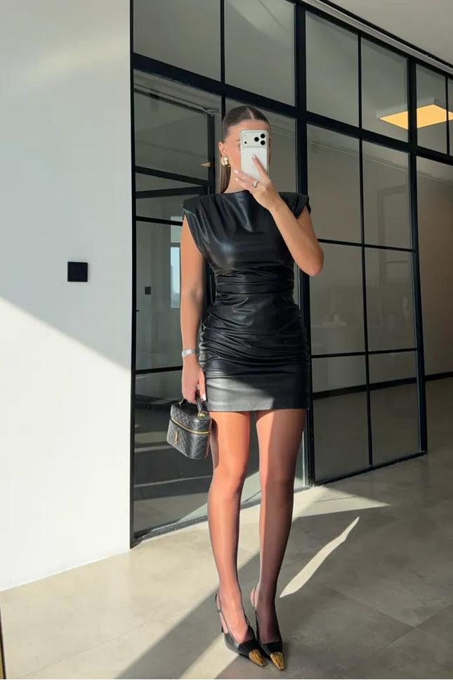 Chic Faux Leather Shoulder Pad Sleeveless Ruched Mini Dress - Party Ready