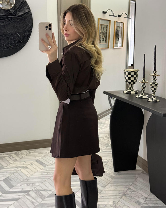 Kahve -Ekru Garnili Kemerli Etek 37099