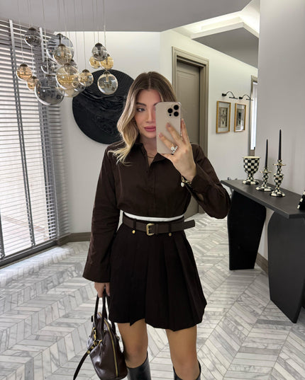 Kahve -Ekru Garnili Kemerli Etek 37099