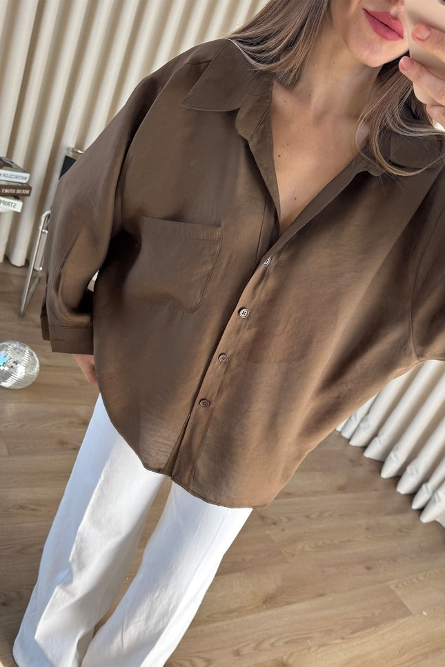 Kahve Oversize Modal Kumaş Gömlek
