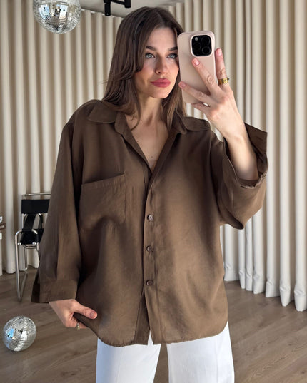 Kahve Oversize Modal Kumaş Gömlek