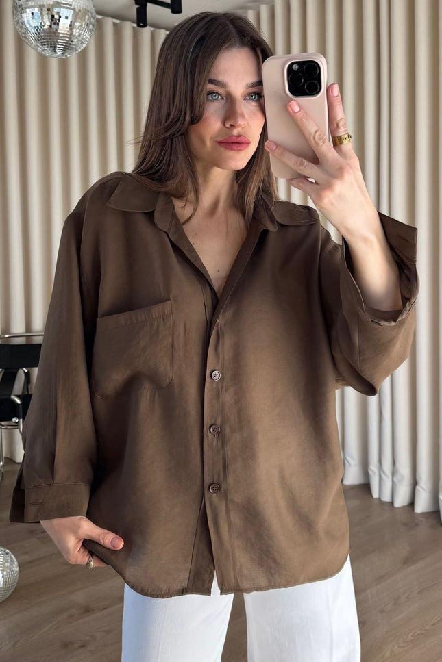 Kahve Oversize Modal Kumaş Gömlek