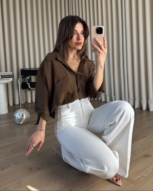 Kahve Oversize Modal Kumaş Gömlek