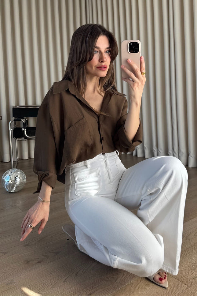 Kahve Oversize Modal Kumaş Gömlek