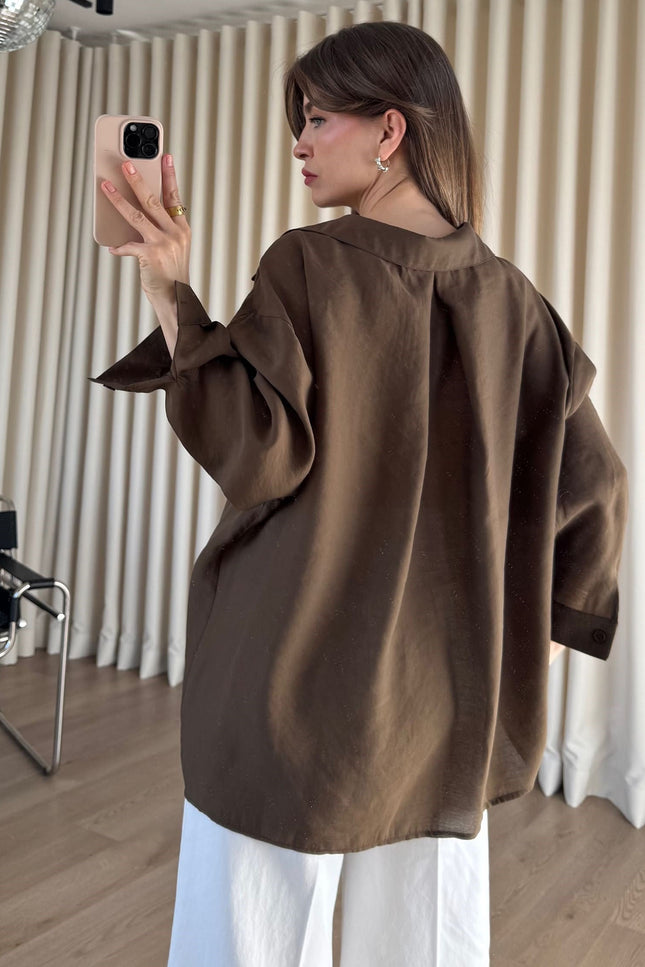 Kahve Oversize Modal Kumaş Gömlek