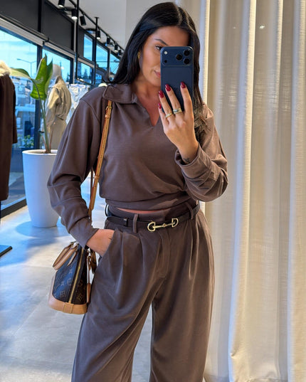 Polo Collar Palazzo Pants Set - coffee