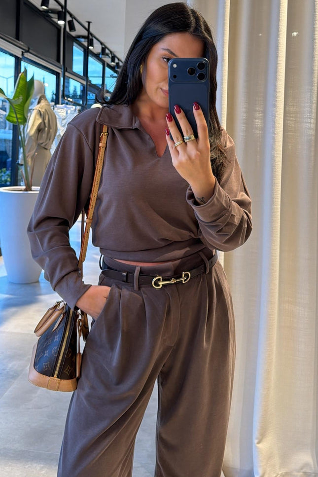 Polo Collar Palazzo Pants Set