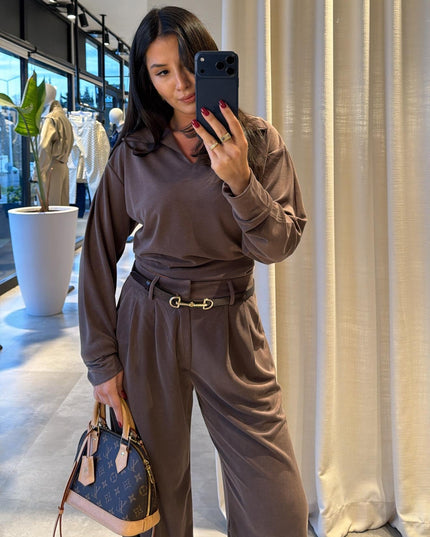Polo Collar Palazzo Pants Set - coffee