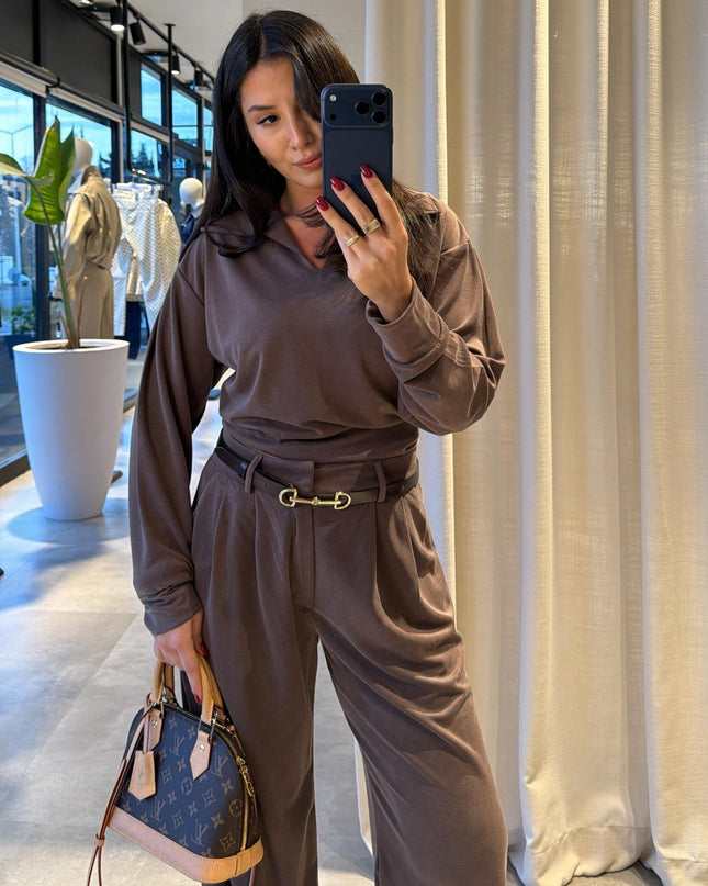 Polo Collar Palazzo Pants Set - coffee