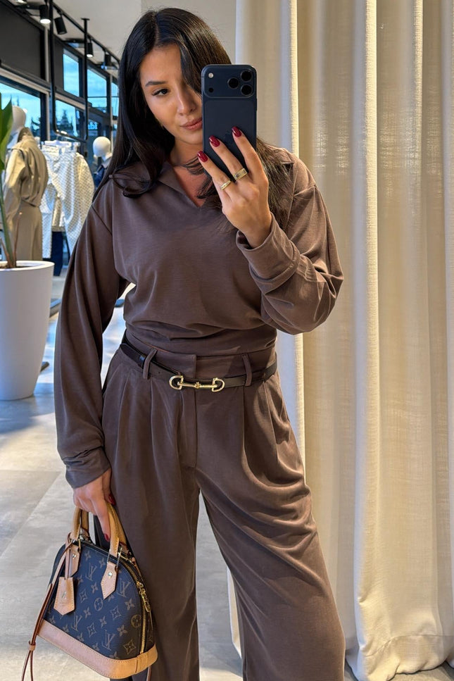 Polo Collar Palazzo Pants Set
