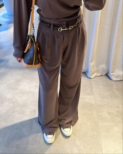 Polo Collar Palazzo Pants Set - coffee