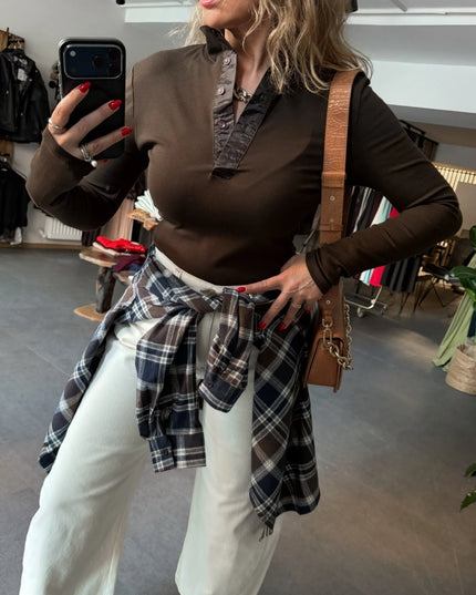 Brown Button-Collar Long Sleeve T-Shirt