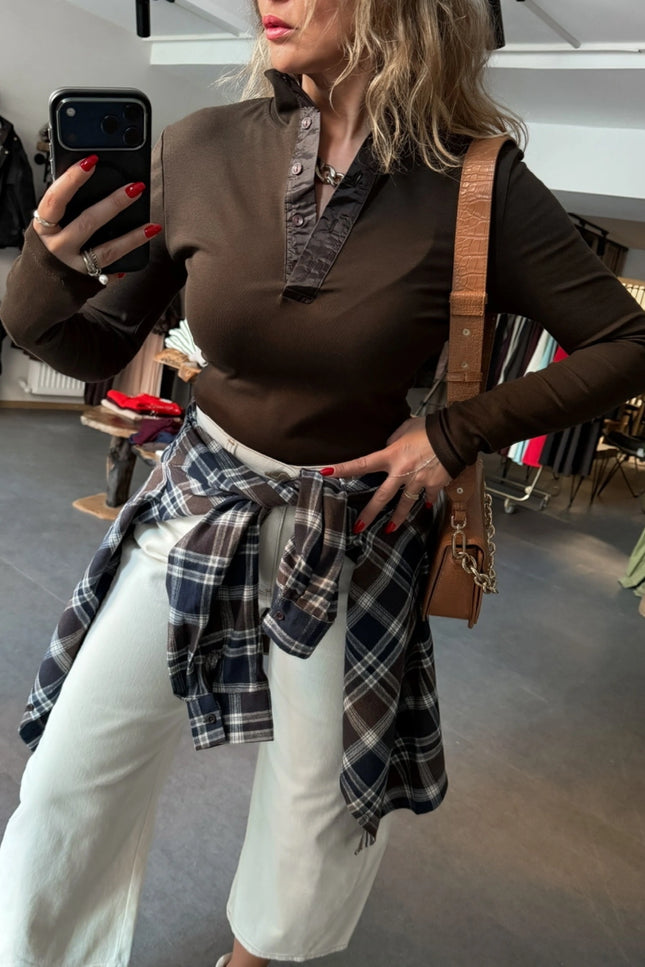 Brown Button-Collar Long Sleeve T-Shirt