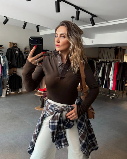 Brown Button-Collar Long Sleeve T-Shirt